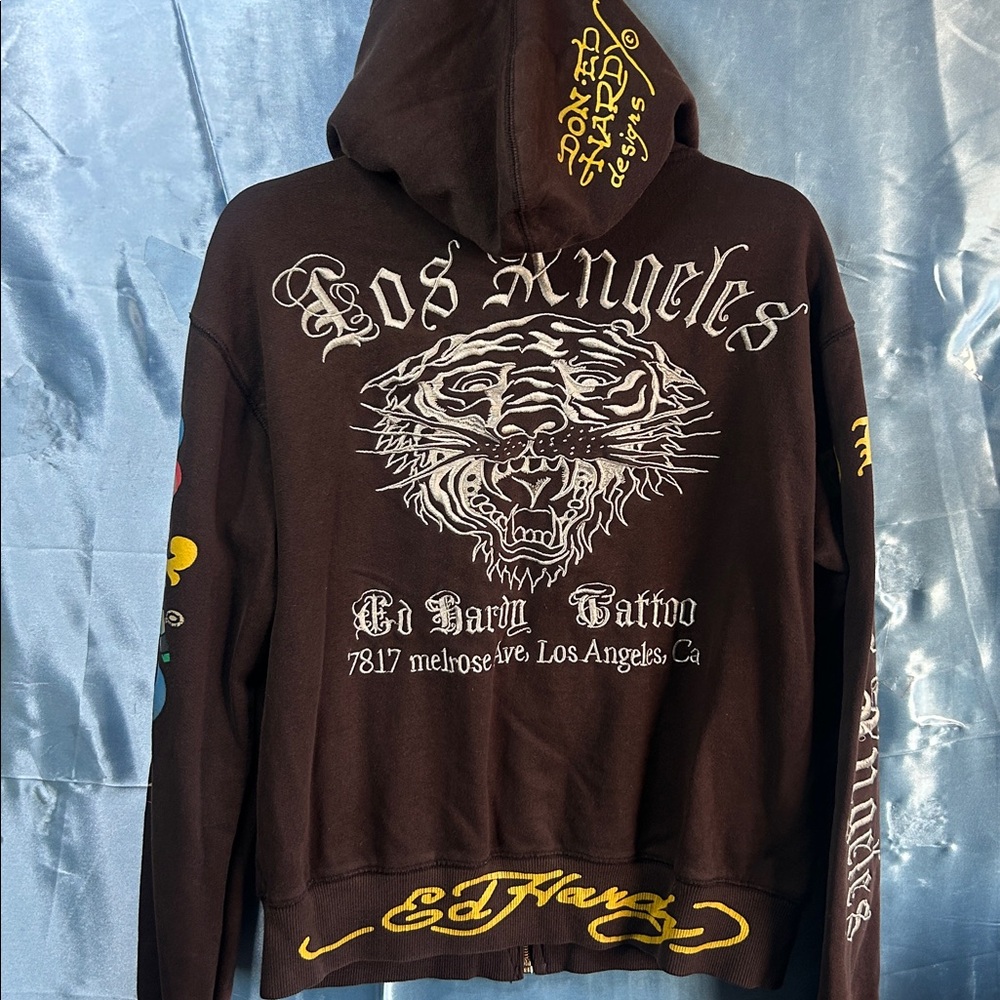 Ed Hardy Mens Rust Love Kills Slowly Brown Full Zip Hoodie Jacket - Picture 6 of 6